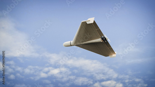 Military drone flying over blue sky bottom perspective UAV flight