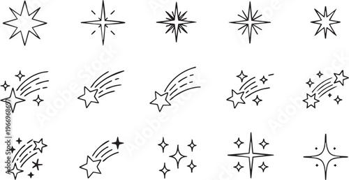 Diverse illustrations of stars and shooting stars in a grid layout