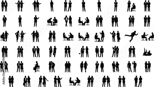 Large bundle of professional business people silhouettes featuring corporate men and women standing talking sitting in meetings and walking for office workplace scenes