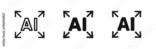 AI (Artificial Intelligence) scaling or focus icon set. Letters AI with arrows in outline, solid, and hand-drawn style.