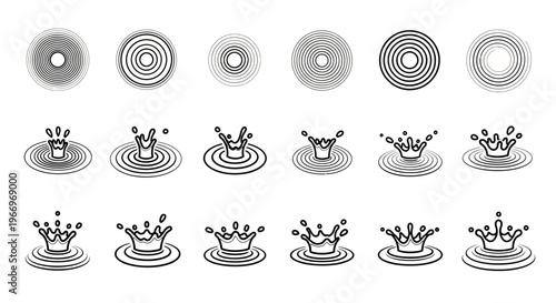 Water Splash Ripple Icon Set: Droplet, Crown, Ring Effects - Vector Graphics