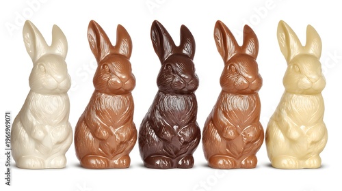 Chocolate easter bunnies sitting on white background