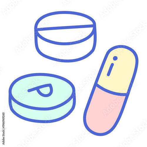 Medication Trio: A close-up shot of several assorted colorful pills. These pills signify health treatment and medical aid.