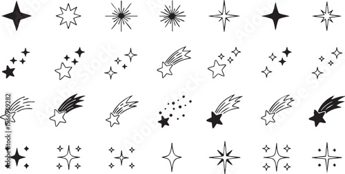 Diverse collection of celestial and meteor symbols with various artistic styles