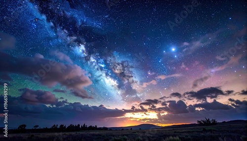 Vast Starry Night Sky with Milky Way and Clouds Over Landscape.