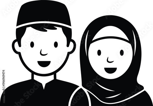 Muslim couple illustration with man wearing skullcap and woman in hijab vector, portrait.