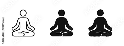 Meditation icon set. Person in lotus pose practicing mindfulness in outline, solid, and hand-drawn doodle style.