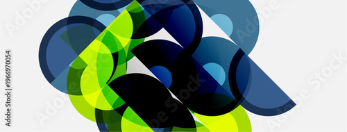 Abstract composition featuring overlapping circles. Vibrant greens, blues create dynamic visual effect. Modern design, clean aesthetic.
