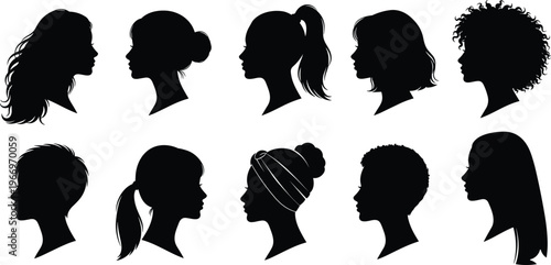 Large collection of female head profile silhouettes featuring diverse hairstyles including long wavy hair ponytail hair bun short pixie cut and curly hair isolated on white background vector