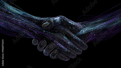 Digital handshake with abstract data streams symbolizes connection and technology. image features glowing lines and dots forming two hands in handshake, representing digital communication