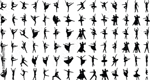 Large silhouette collection of ballet dancers and ballroom dance couples featuring elegant poses jumps spins and rhythmic movements for performance and artistic concepts isolated