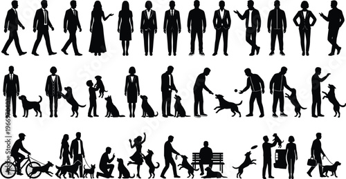 Large silhouette collection of people and pets featuring professional business individuals walking and standing alongside owners playing with training and walking their dogs isolated