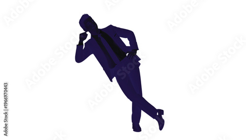 Stylized navy blue silhouette of a confident businessman posing dynamically leaning to the side.