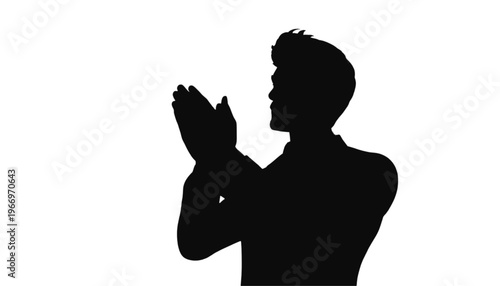 Silhouette of a man applauding enthusiastically against a stark white background in profile view.
