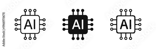 Artificial intelligence (AI) chip icon set. Processor or CPU symbol in outline, solid, and hand-drawn doodle style.