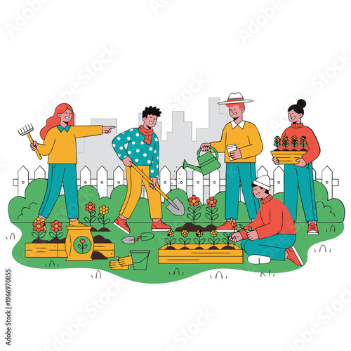 Community Gardening Team Working Together Illustration