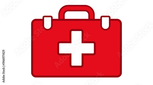Clean and essential vector graphic of a bright red first aid kit with a distinct white cross, signifying medical assistance, emergency preparedness, and general health protection