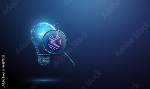 3d light bulb under magnifying glass with fingerprint inside. Idea verification, intellectual property check, secure research assessment, protected innovation concept.