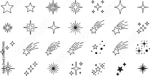 Diverse collection of stylized celestial and meteor symbols with artistic variations