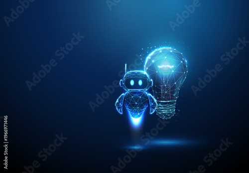 3d blue cute robot next to light bulb. AI-powered idea generation, smart innovation, intelligent assistant support, creative problem solving, automated brainstorming concept