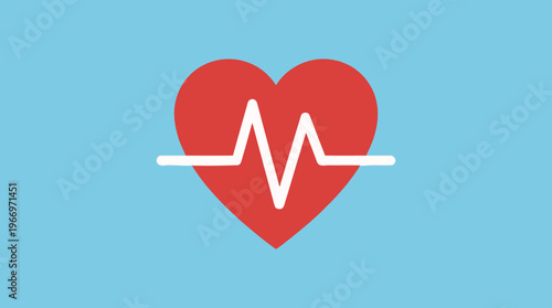 A vibrant red heart symbol with a white electrocardiogram line displaying a healthy heartbeat against a bright blue background, symbolizing life and well-being