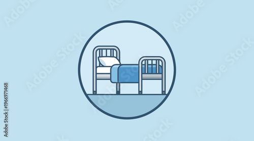 A simple illustration of a hospital bed with a pillow and blanket inside a circle