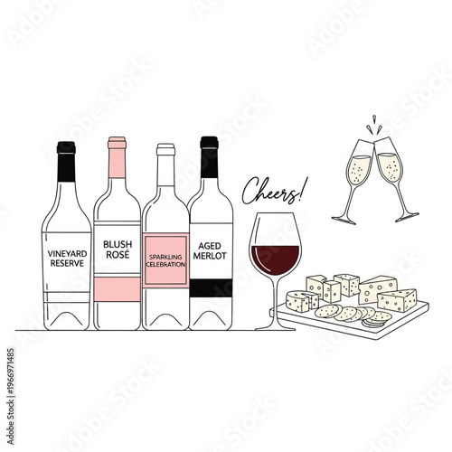 Celebratory wine selection with cheese and clinking glasses illustration