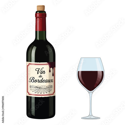 Elegant bottle of vin de bordeaux with a glass of red wine beside it