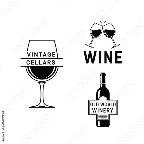 Three vintage wine-themed logos featuring wine glasses, bottles, and celebratory icons