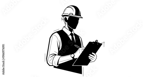 Construction worker in hard hat taking notes on clipboard.