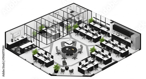Modern Office Interior Design with Cubicles and Meeting Room.