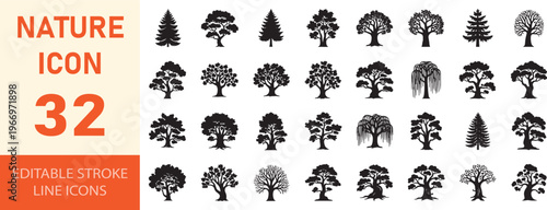 Nature icon collection of thirty two detailed tree silhouette shapes