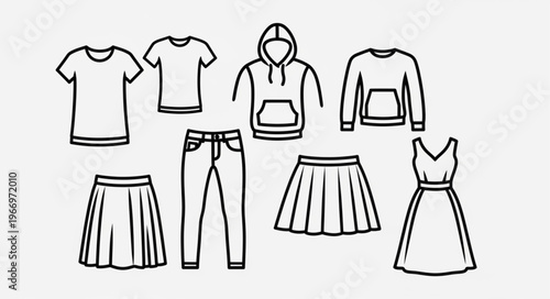 Collection of simple line art drawings of casual clothing items.