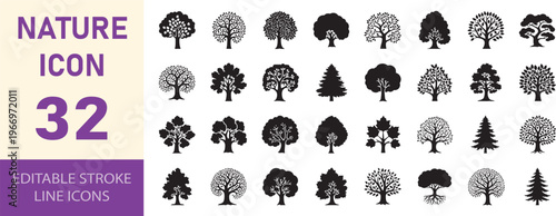 Nature icon set showing thirty two artistic tree silhouettes in black