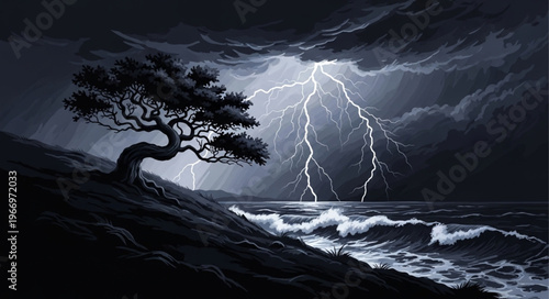 Dramatic lightning storm over the ocean with a lone tree.