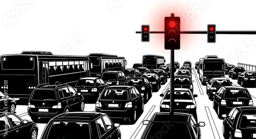 Heavy traffic jam with red traffic light signaling stop.