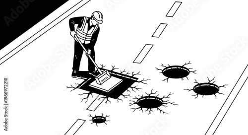 Construction worker repairing potholes on a road surface.