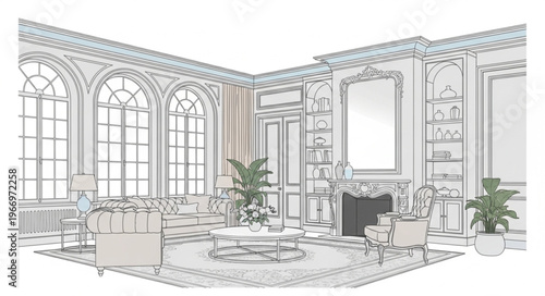 Elegant Living Room Interior Design Sketch with Architectural Details.
