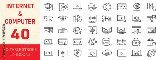 Computer network and internet icons set with linear editable stroke