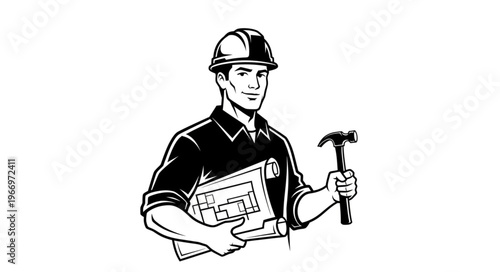 Construction worker holding blueprint and hammer ready for work.