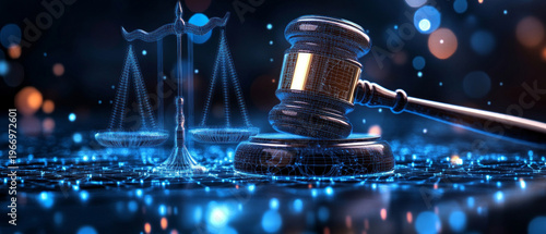 The symbol of justice with digital grids will provide a sleek, atmospheric backdrop for legal resources or technology conferences.