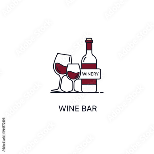 Illustration of a wine bar with wine glasses and a bottle of wine