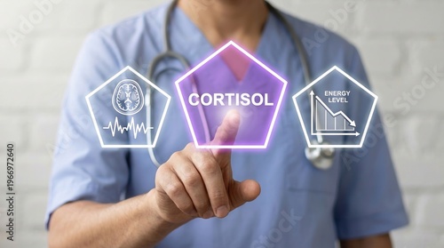 cortisol, hormone, stress, health, energy level, medical, science with doctor interacting with a futuristic digital interface showing brain activity and declining energy graphs.