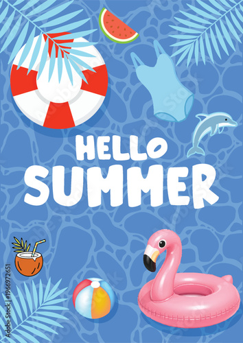 Summer Pool Party Flyer Poster Template with Tropical Leaves, pool water, pool elements A4 Print Ready, Special Offer Promotion, Editable Design, Marketing Brochure, Leaflet, and Summer Background