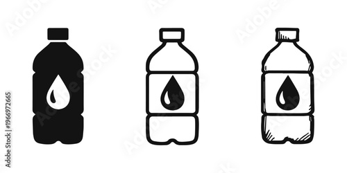 Water bottle icon set with water drop symbol, depicting hydration and healthy lifestyle in three styles.