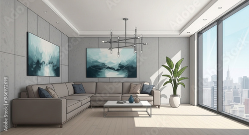 Modern Living Room With Large Windows And Artwork.