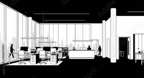 Modern office interior with workstations and reception area.