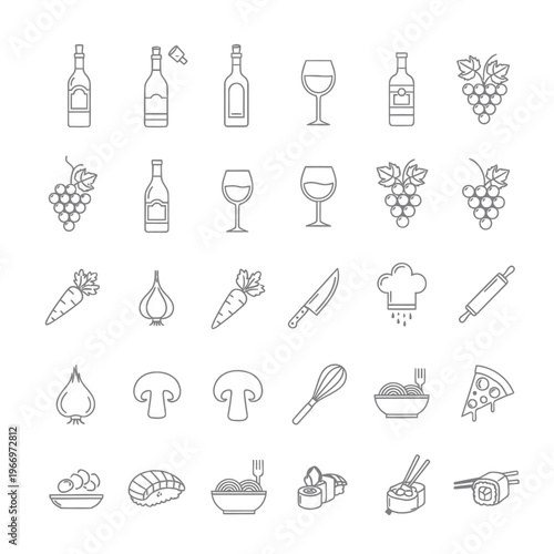 Collection of icons depicting beverages, ingredients, and food preparation tools