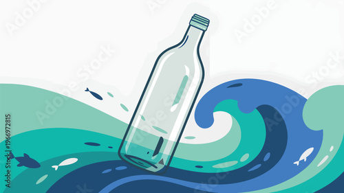 A glass bottle with a message floats on blue and green waves with a fish message in a bottle ocean