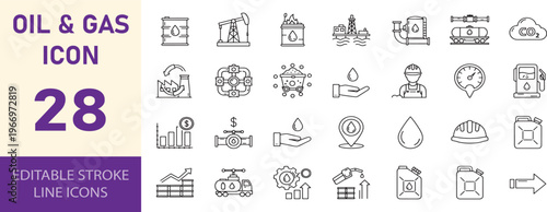 Gas and oil refinery icons pack featuring thin line editable stroke